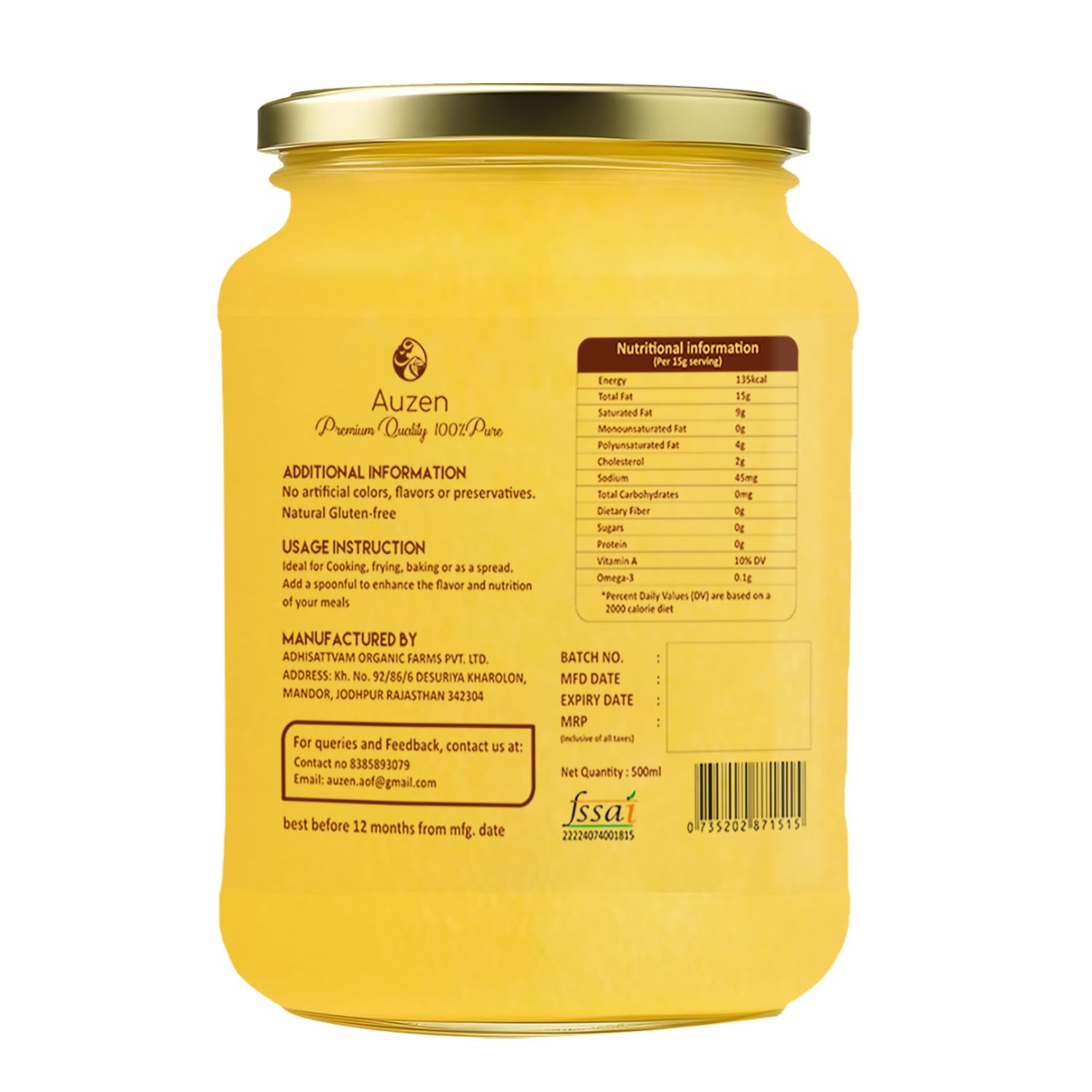 Pure Natural A2 Cow Ghee By Auzen | Rich In Nutrient, Delicious Healthy Desi Cow Ghee Good For Overall Health | (500ml) 16.9 Ounce | Jar Pack