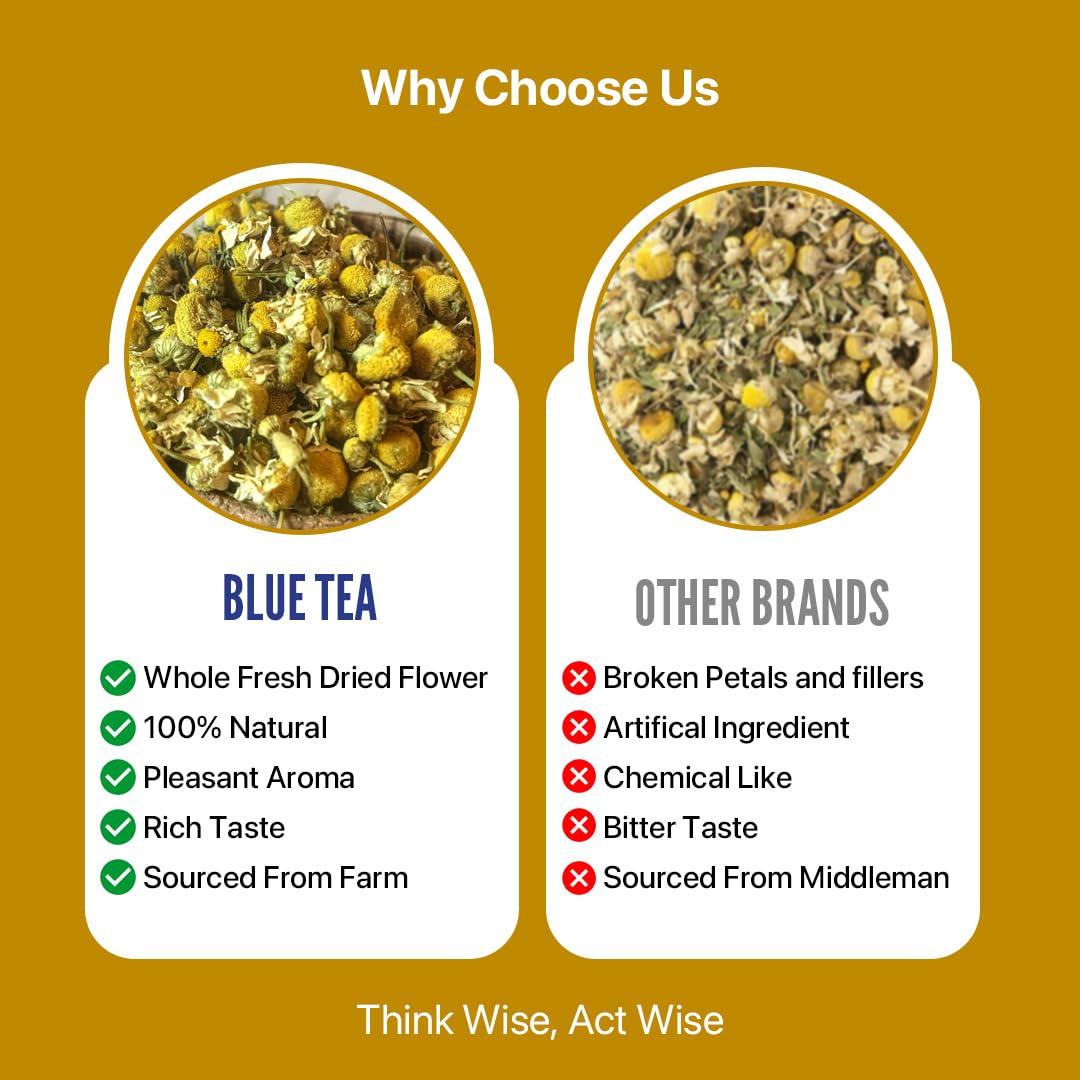 Blue Tea Chamomile Flower Tea - 100gm Zipper Pack, 3.5 Ounce, 100 Cups | Whole Flower Buds Tisane For Sleep & Relaxation - Caffeine Free, Non-Bitter, Non-GMO