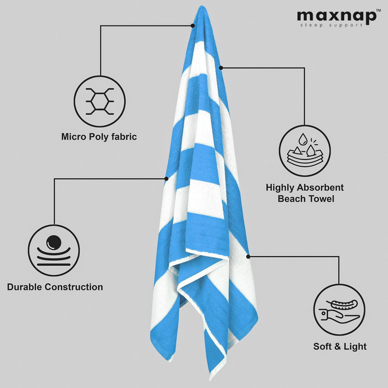 Maxnap Sunstripe Premium Cabana Striped Towel 600 Gsm | 100% Cotton, Soft & Quick-Dry Pool Towels - Set Of 2 (Blue)