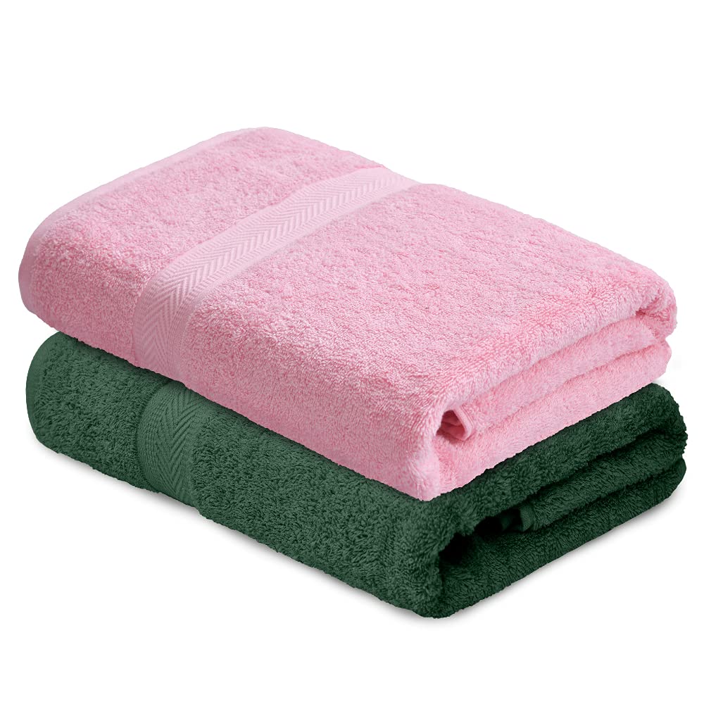 Haus & Kinder 100% Cotton Bath Towel 500 Gsm | Ultra Absorbent, Quick Dry, Super Soft Large Size Towels For Men & Women - Pink & Olive (Set Of 2)
