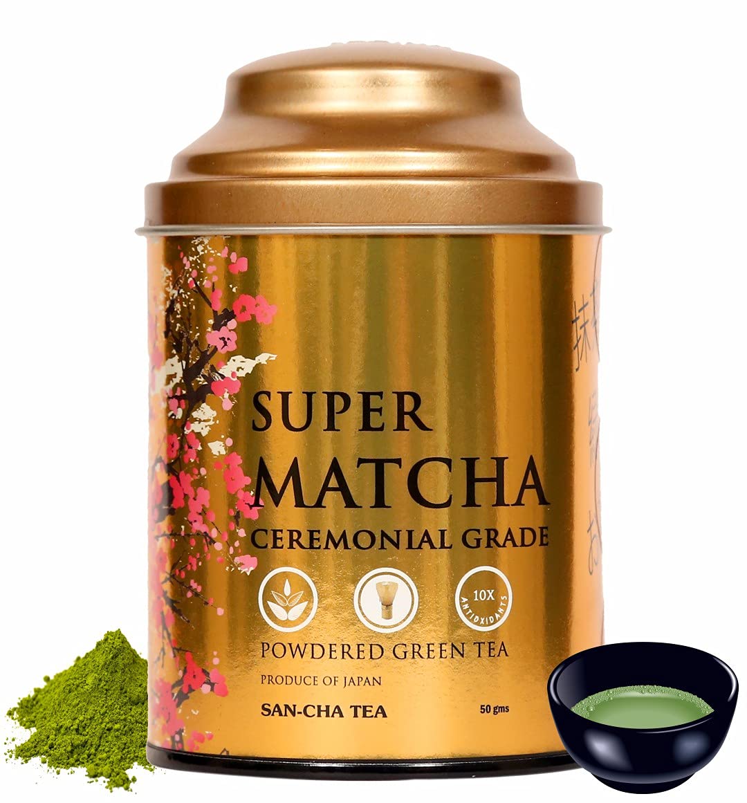 San-Cha Super Matcha Powdered Green Tea - 50gm, 1.7 Ounce | Ceremonial Grade Japanese Green Tea - Environment Friendly & Made In Corn Fiber | High Caffeine