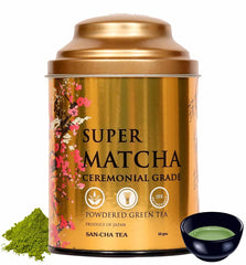 San-Cha Super Matcha Powdered Green Tea - 50gm, 1.7 Ounce | Ceremonial Grade Japanese Green Tea - Environment Friendly & Made In Corn Fiber | High Caffeine