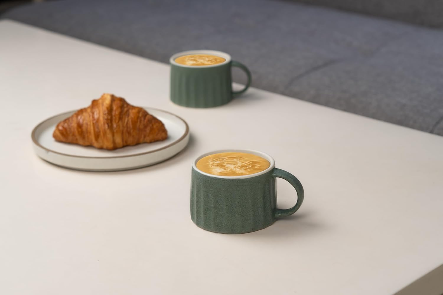 Ceramic Line Cappuccino Cup Set Of 2 - Rustic Green, 300ml Each | Coffee Cup With Matte Finish - Large Cup For Coffee - Ceramic Cup | Premium Stoneware Coffee Cup | Microwave Safe & Dishwasher Safe