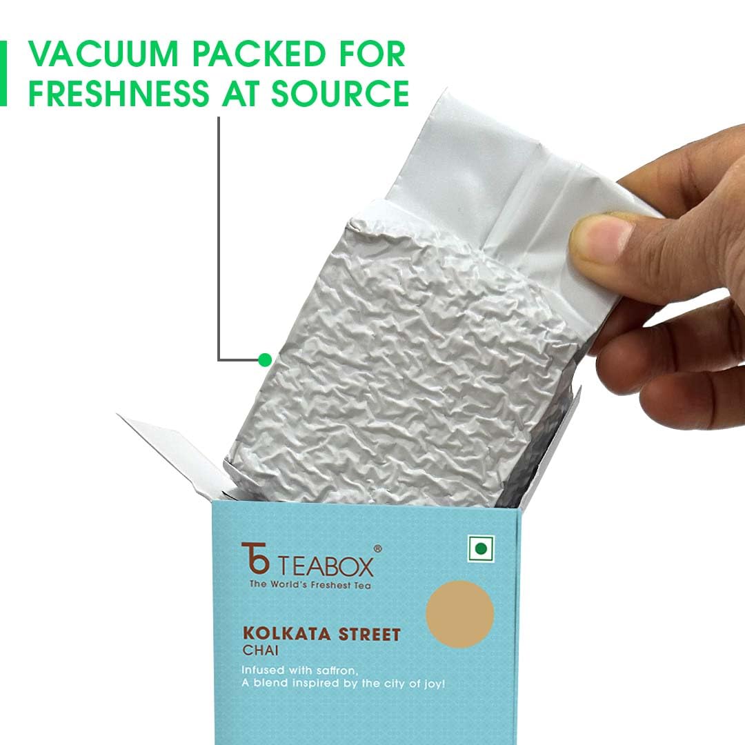 Teabox Kolkata Street Chai Tea - 250gm, 8.8 Ounce | Blended With Saffron, Cardamom, Nutmeg & Ginger Exquisite Aromas Of Saffron - Inspired By The City Of Joy | Low Caffeine