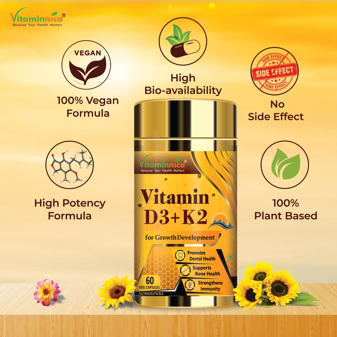 Vitaminnica Vitamin D3+ K2 , Support Bone & Heart Health For Men & Women | 60 Capsules 100gm 0.2lbs