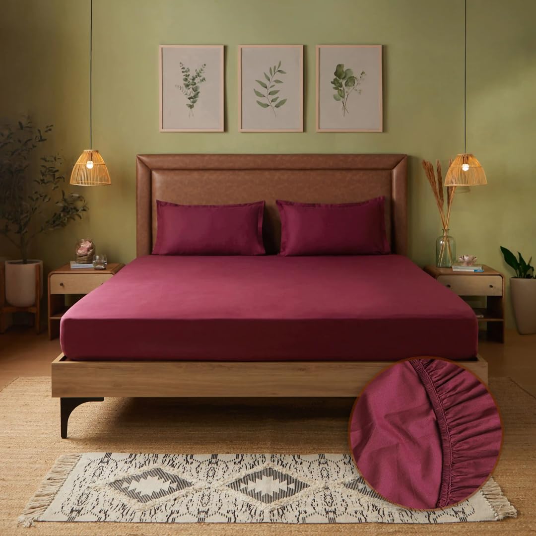 Queen Size Bedsheet For Double Bed With 2 Pillow Cover - 60 X 78 Inches, Wine | 100% Cotton, Soft & Breathable - Bedsheet Collection