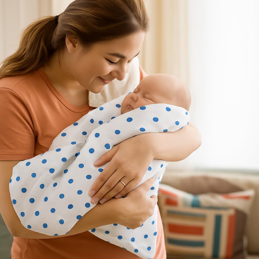 Organic Cotton Muslin Baby Bath Towel 200 Gsm | Cotton Cloth Premium Baby Washable Reusable, Absorbent, Extra Soft (Blue Dot & Grey Zig Zag)- Pack Of 2