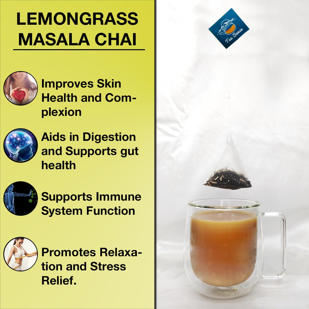 Tea Sense Lemongrass Masala Chai - 15 Pyramid Tea Bags | Assam CTC, Ginger, Cardamom, Clove, Cinnamon, Nutmeg, Black Pepper - Aromatic Chai Patti, High Caffeine | Zesty Spicy Blend