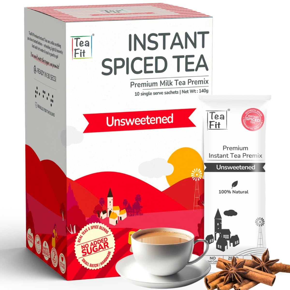 Teafit Unsweetened Instant Spiced Tea Premix - Pack Of 10 Sachets, 140gm, 4.9 Ounce | Premium Milk Tea Premix, Just Add Water - Strong Home Like Masala Chai | Medium Caffeine