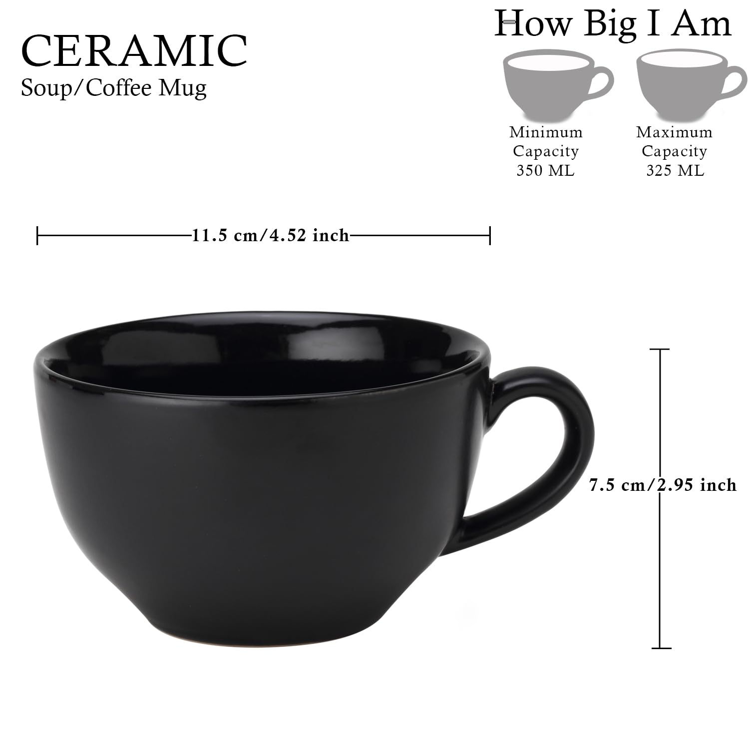 Ceramic Soup & Coffee Wide Large Mug With Handle - Set Of 2, 350ml Each, Black | Bone Ash Free & Microwave Safe - For Maggi, Cappuccino, Latte, Green Tea - Matte Finish