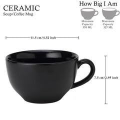 Ceramic Soup & Coffee Wide Large Mug With Handle - Set Of 2, 350ml Each, Black | Bone Ash Free & Microwave Safe - For Maggi, Cappuccino, Latte, Green Tea - Matte Finish