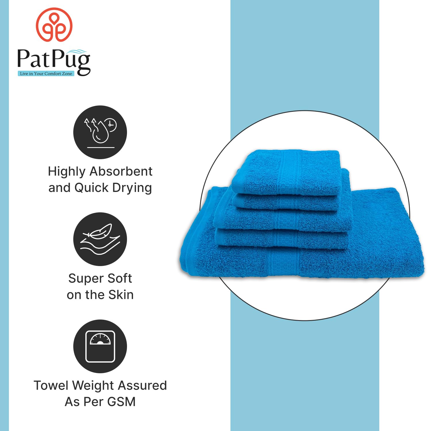 Patpug 100% Indian Cotton Plush Towel Set 1200 Gsm | Highly Absorbent, Fade Resistant, Quick Drying (Turquoise Blue) - 5 Piece