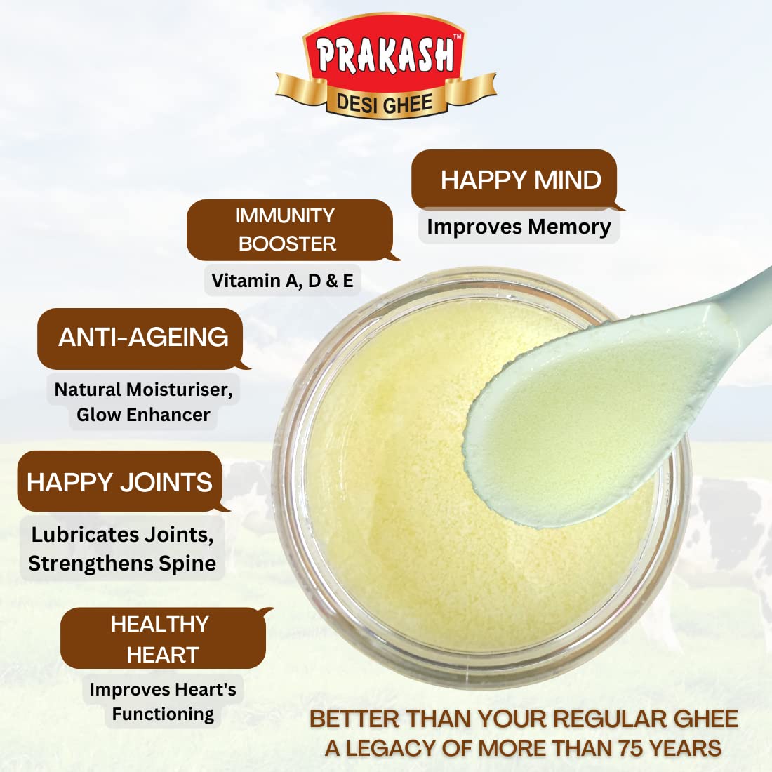 100% Pure & Fresh Desi Ghee By Prakash Dairy | Traditionally Hand Churned Vedic Bilona Method Desi Ghee For Sweets | (1 Litr) 33.8 Ounce | Pouch Pack