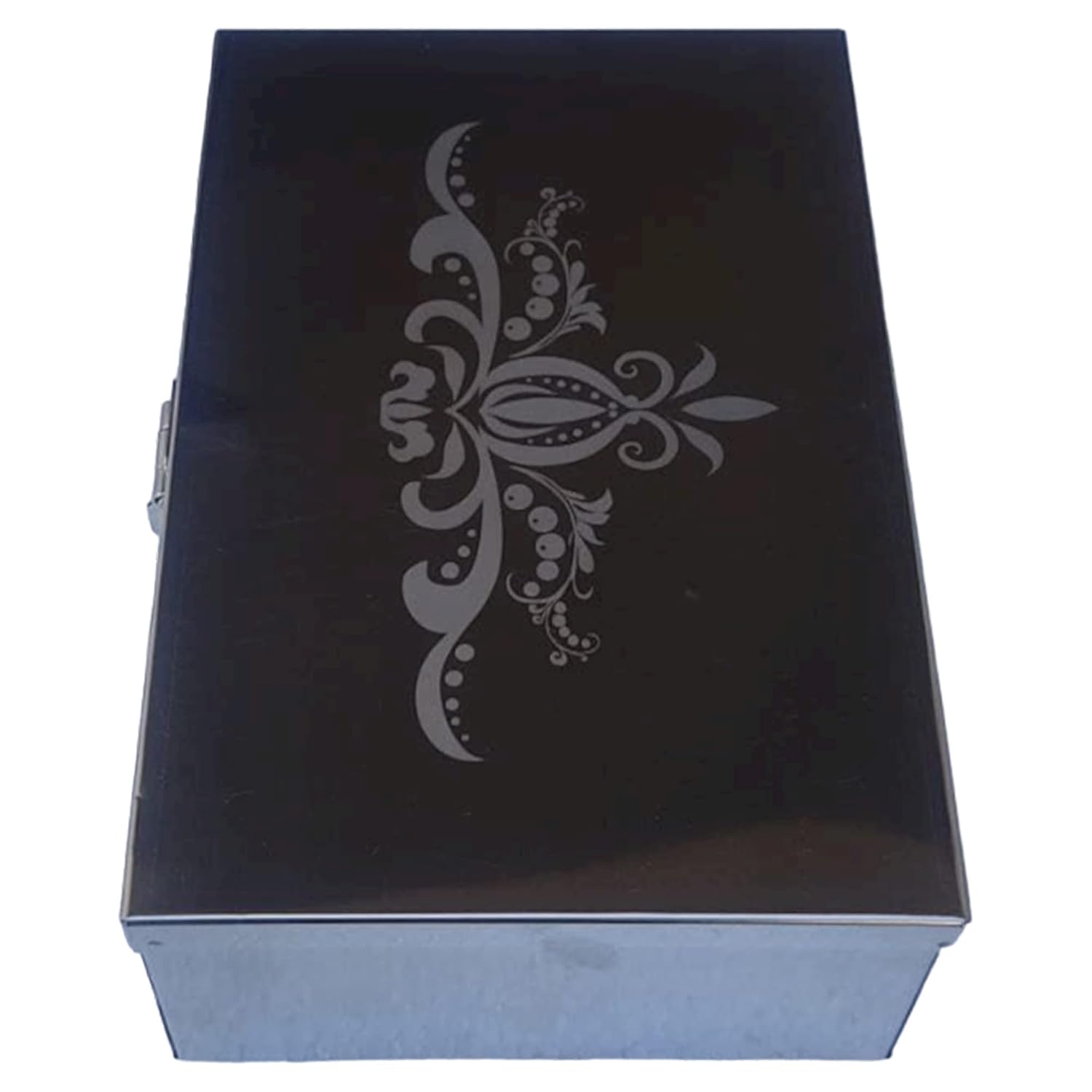 Stainless Steel Storage Boxes, Cash Peti, Pooja Peti, Organizer, Vanity Box, Safe Locker Box 8 Inch Storage Box W - 8", H - 2.50", L-5" Cash Box With Laser Print Design, Colour - Silver