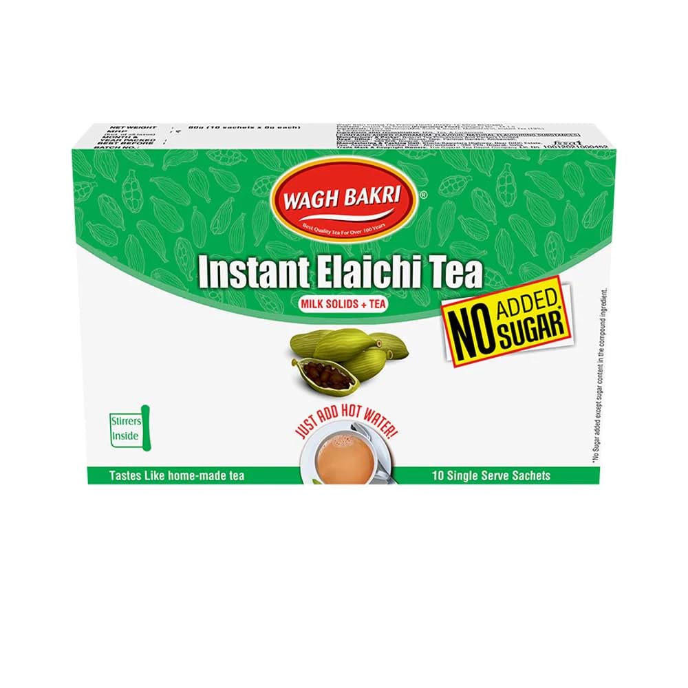 Wagh Bakri Instant Elaichi Tea Premix Powder - 80gm, 2.8 Ounce, 10 Single Serve Sachets | Milk Solids + Tea, Just Add Hot Water - Tastes Like Homemade Tea | Caffeine Free, No Added Sugar