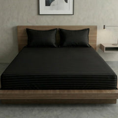 Black Stripe Elastic Fitted Double Bedsheet (72x78 Inches) With 2 Pillow Covers | Soft To Touch & Comfortable | 300 Thread Count