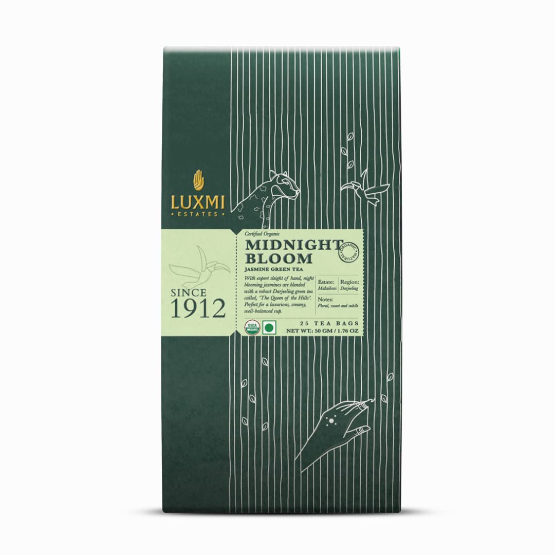 Luxmi Estates Citrus Sky + Midnight Bloom Green Tea Pack Of 2 - 50gm, 1.7 Ounce, 25 Tea Bags In Each | USDA Certified Organic Green Tea - Made With Lemongrass Ginger, Rose, Jasmine Green Tea