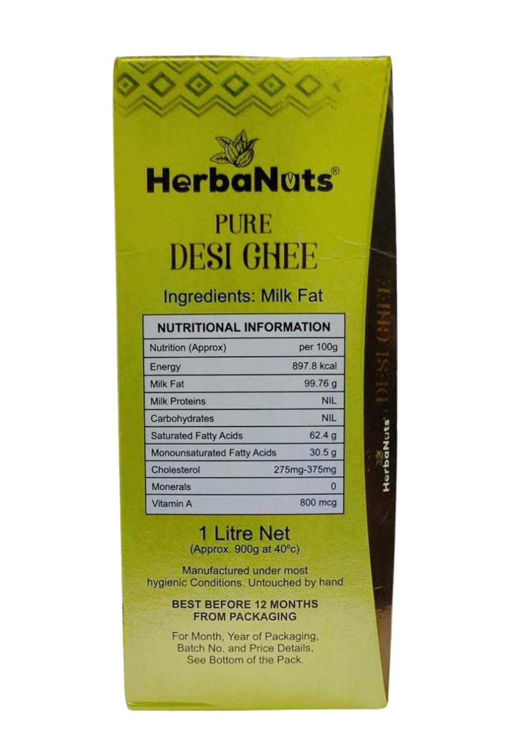 100% Pure Desi Ghee By Herba Nuts | Natural & Healthy Gir Cow Cultured Desi Ghee Perfect For Immunity Booster | (1 Litre) 16.9 Ounce | Box Pack