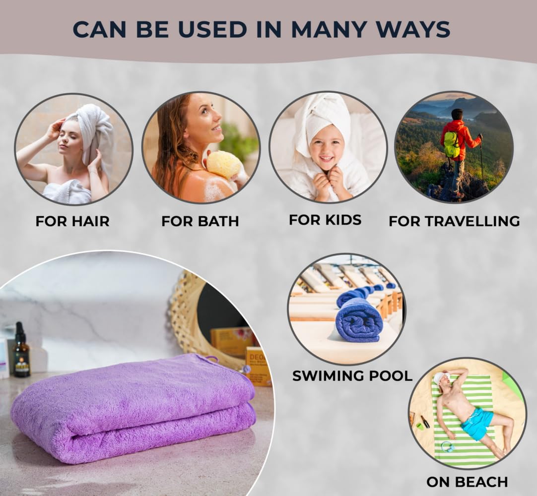 Fezora Microfiber Bath Towels | Extra Soft Plush & Quick Dry High Absorbency With Large Size Towels For Bathing (Pack Of 2, Orange & Purple)