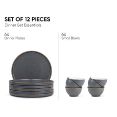 Ceramic Japandi Dinner Set - 12 Pcs, Grey & White | Crockery Set - Ceramic Dinner Set With Matte Finish | Dinner Set Ceramic | 6 Dinner Plates + 6 Veg Small Bowls, 220ml Each