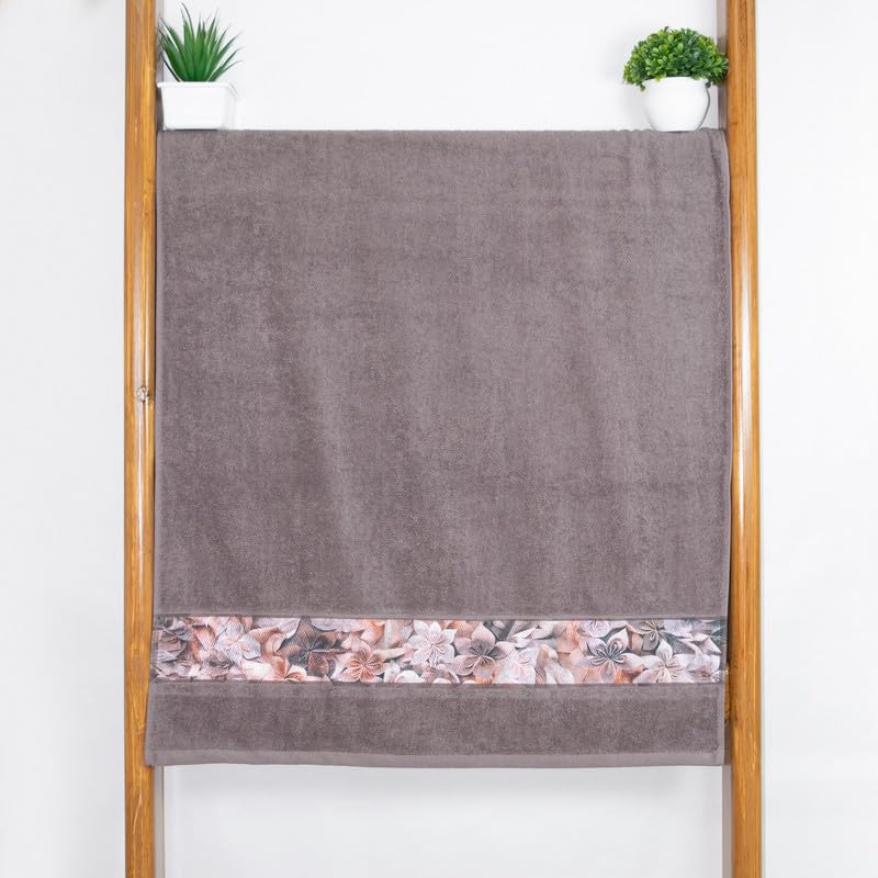 Rangoli 100% Cotton Fibre Bath Towels 450 Gsm | Highly Durable & Absorbent With Printed Border | Quick Drying Towels (Brown)