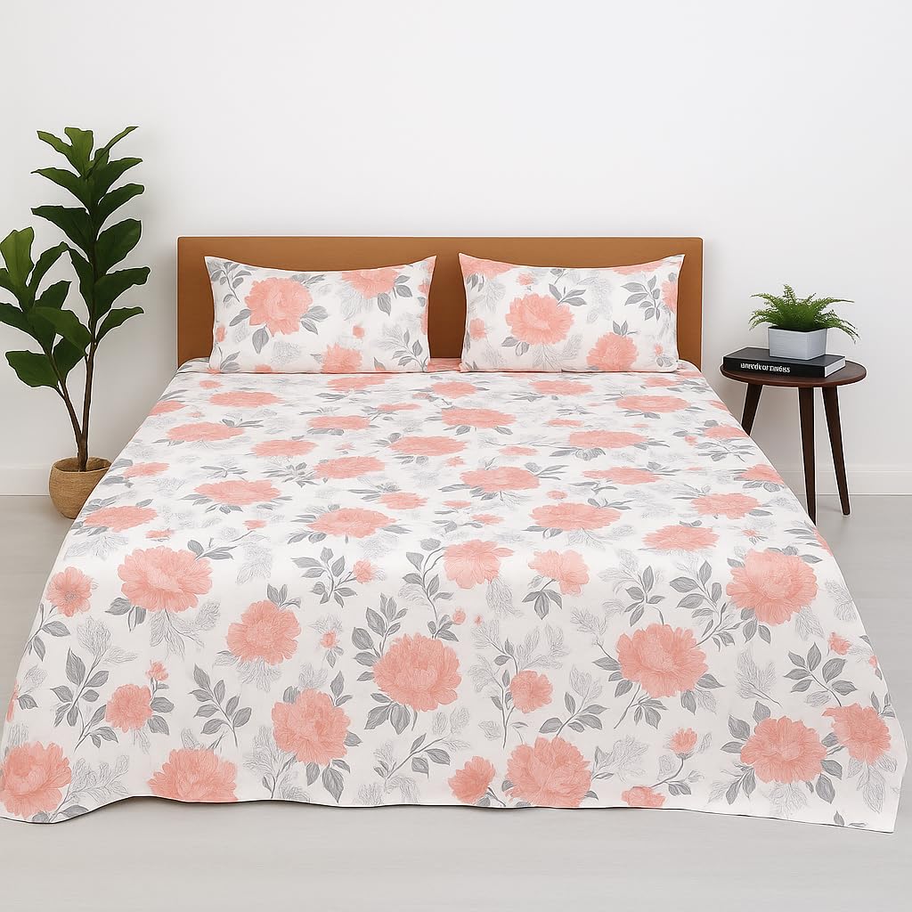 King Size Bedsheet With 2 Pillow Covers - 108 X 108 Inches, Grey & Peach | Wrinkle & Fade Resistant Bedding | Perfect For Homes, Hotels, Villas, Resorts & Guest Houses