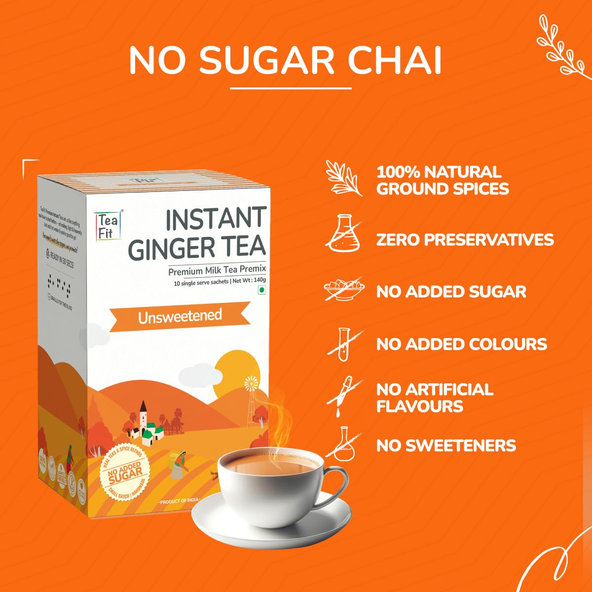 Teafit Unsweetened Instant Ginger Tea Premix - Pack Of 100 Sachets, 1.4 Kg, 49.3 Ounce | Premium Milk Tea Premix, Just Add Water - Strong Home Like Adrak Kadak Chai | Medium Caffeine