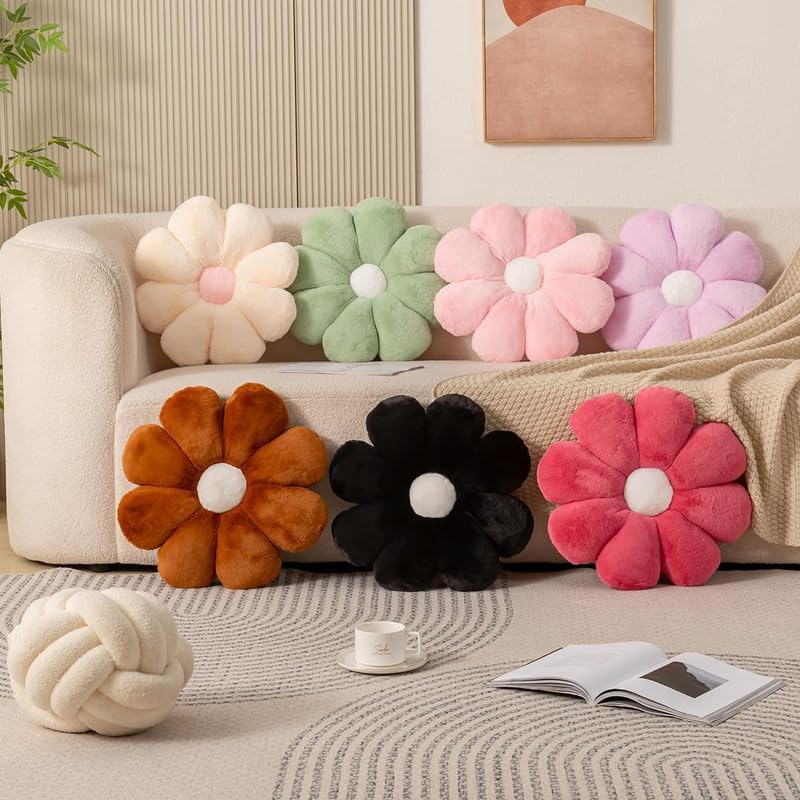 Flower Pillow, Floor Cushions, Sun Flower Shaped Throw Pillow, White & Brown - 40 Cm | Flower Pillow Brown & White Sunflower Plush Pillow | Cute Room Decorative Pillow For Sofa - Pack Of 2