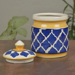 Hand Painted Ceramic Jar (Burni) With Lid 1000ml - Blue & Yellow | Ceramic Multi-Utility Storage Jar - Pickle Storage Jar