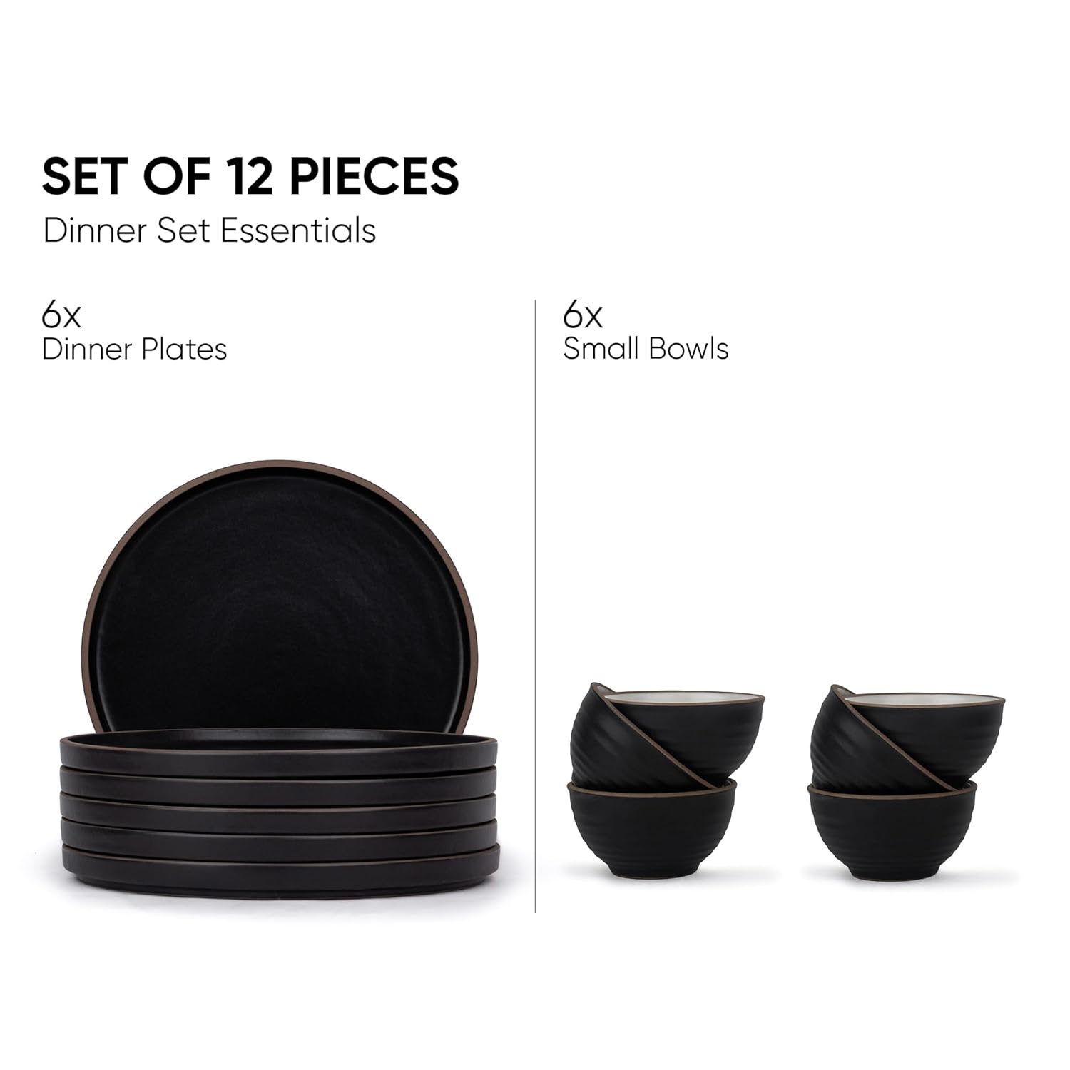Ceramic Japandi Dinner Set - 12 Pcs, Black | Crockery Set, Ceramic Dinner Set With Matte Finish - Dinner Set Ceramic | 6 Dinner Plates + 6 Veg Small Bowls, 220ml Each
