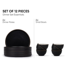Ceramic Japandi Dinner Set - 12 Pcs, Black | Crockery Set, Ceramic Dinner Set With Matte Finish - Dinner Set Ceramic | 6 Dinner Plates + 6 Veg Small Bowls, 220ml Each