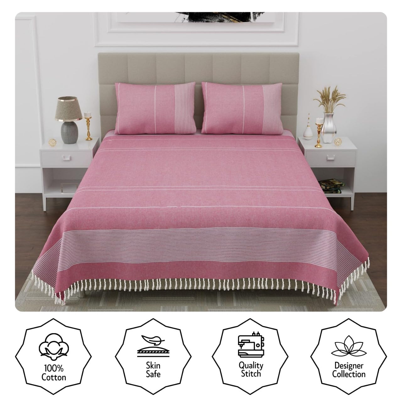 210 TC Double Bedsheet With Two Pillow Cover - Queen Size 90 X 100 Inches, Pink & White | Handloom Cotton Bedsheets For Double Bed | All Season Comfort