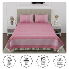 210 TC Double Bedsheet With Two Pillow Cover - Queen Size 90 X 100 Inches, Pink & White | Handloom Cotton Bedsheets For Double Bed | All Season Comfort
