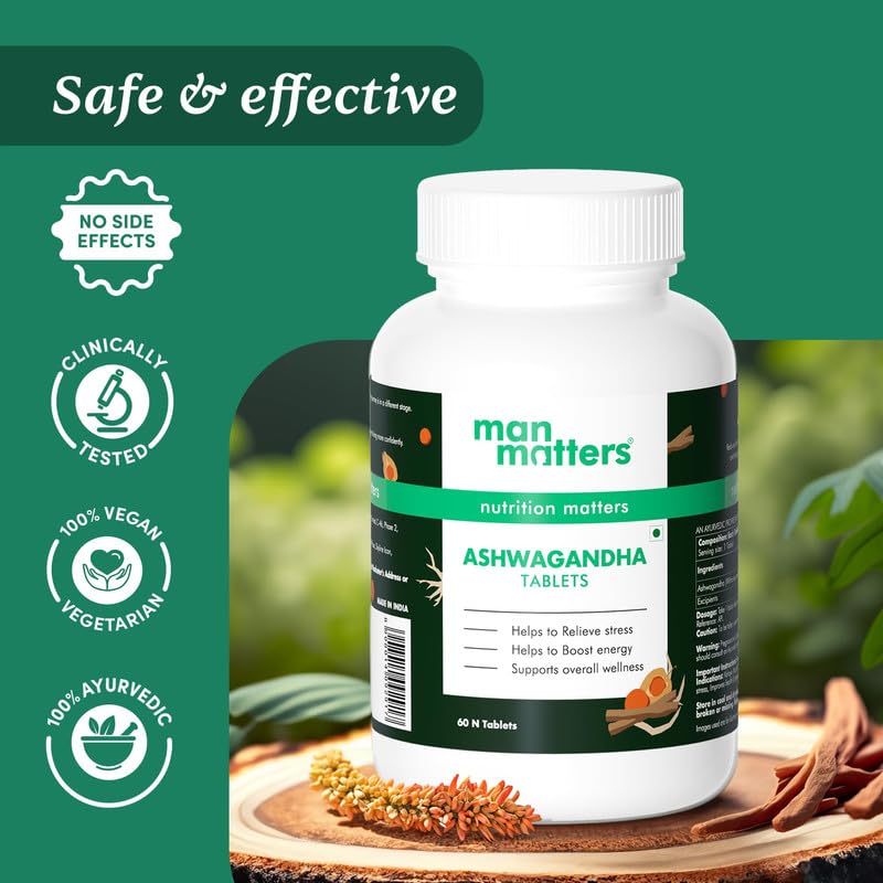 Man Matters Ashwagandha Tablets 500mg Improves Strength, Energy, & Overall Wellbeing Rejuvenates Mind & Body | 60 Tablets 100gm 0.2lbs