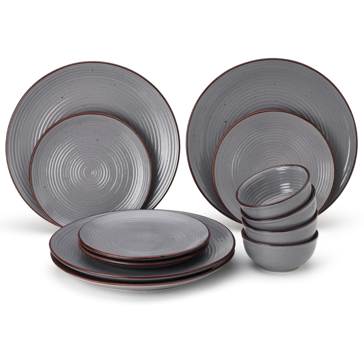 Handcrafted Ceramic Stoneware Dinner Set - Pack Of 12, Grey | 4 Dinner Plates, 10 Inch Each + 4 Small Plates, 7 Inch Each+ 4 Small Dinner Bowl, 180ml Each - Microwave & Dishwasher Safe