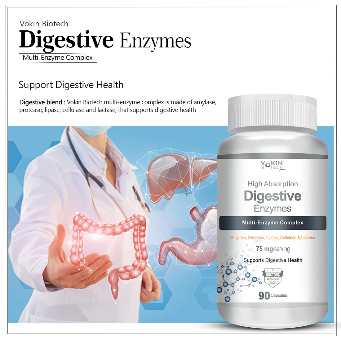 Vokin Biotech Digestive Enzymes Multi - Enzyme Complex, For Digestive Health Support, 75mg | 90 Capsules, 150gm 0.3lbs