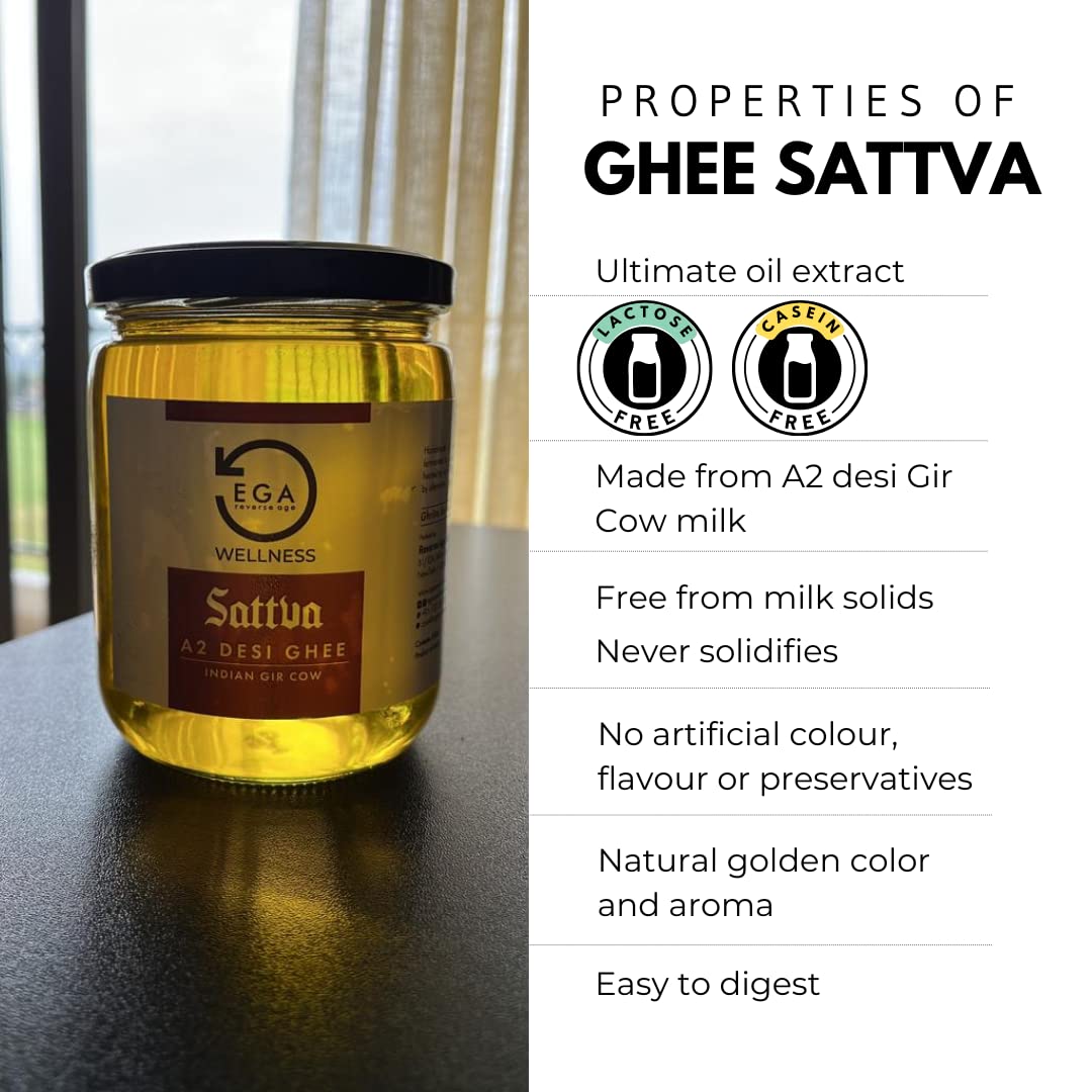 Natural Premium Sattva A2 Desi Gir Cow Ghee By Ega Wellness | High In Protein Fiber & Nutrients Healthy Desi Ghee Good For Brain Health | (500ml) 16.9 Ounce | Jar Pack
