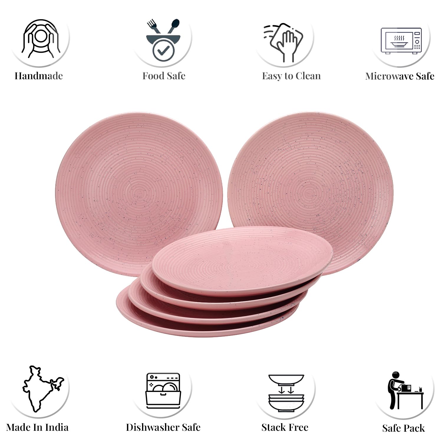 Reactive Hand Glazed Ceramic Stoneware Dinner Plates Set Of 6 - 10.6 Inches Large Size, Pastel Pink | Microwave & Dishwasher Safe - Serving Plates For Dining & Gifting