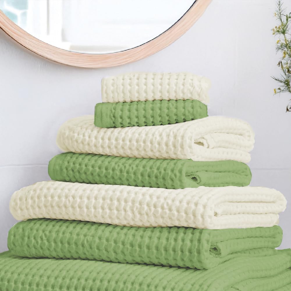 Urban Space 100% Cotton Waffle 2 Bath, 2 Hand & 2 Face Towels 1500 Gsm | Breathable & Absorbent Cotton Fabric Towel (Beige & Sage Green) -Set Of 6