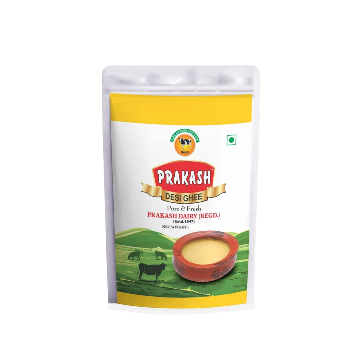 100% Pure & Fresh Desi Ghee By Prakash Dairy | Traditionally Hand Churned Vedic Bilona Method Desi Ghee For Brain Function | (250ml) 8.4 Ounce | Pouch Pack