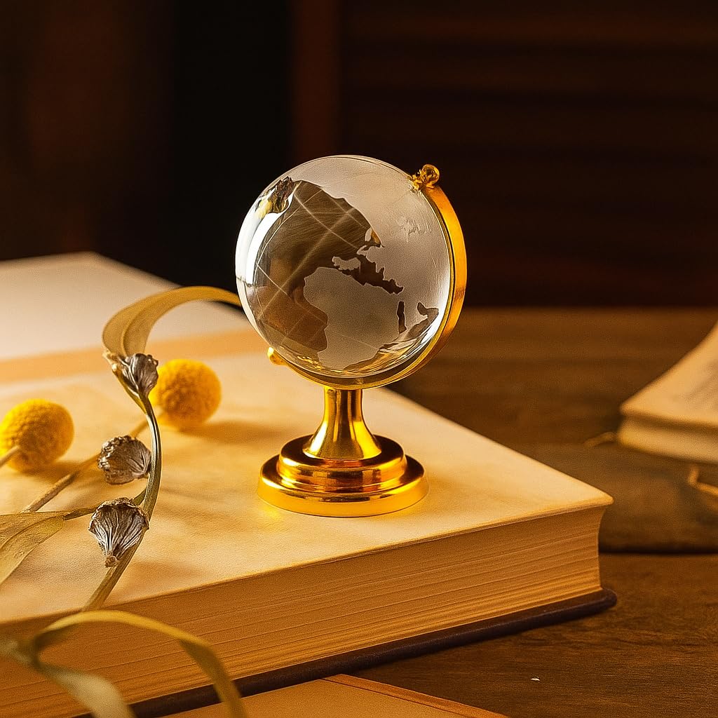 Fengshui Crystal Globe With Golden Stand For Positive Energy, Success, Good Luck & Prosperity, Vastu Remedy For Home Childrens Study Table & Office (Glass, White) Pack Of 1