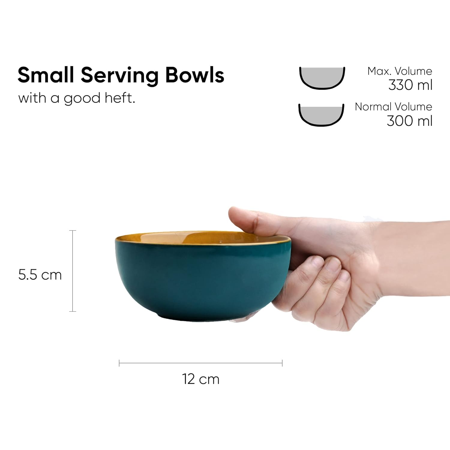 Ceramic Bowl Set Of 4 Pieces For Snacks - 330ml Each, Teal Green | Maggie Bowl, Noodle Bowl With Glossy Finish - Premium Stoneware | Microwave Safe & Dishwasher Safe