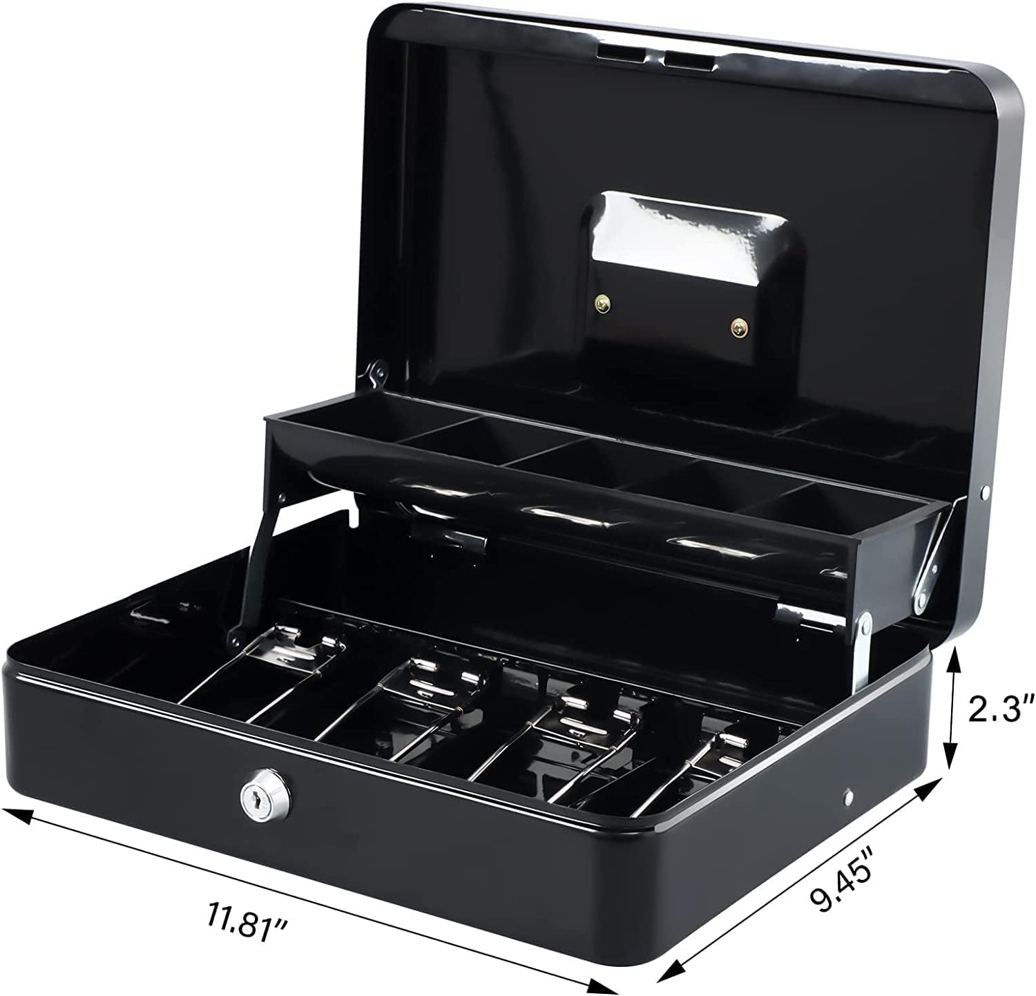 Cash Box With Key Lock & 2 Level Money Tray, Metal Money Box, 4 Note & 5 Coin Slots, Large Size: 30 * 24 * 9cm | 12 Inch With Clip, Colour - Black