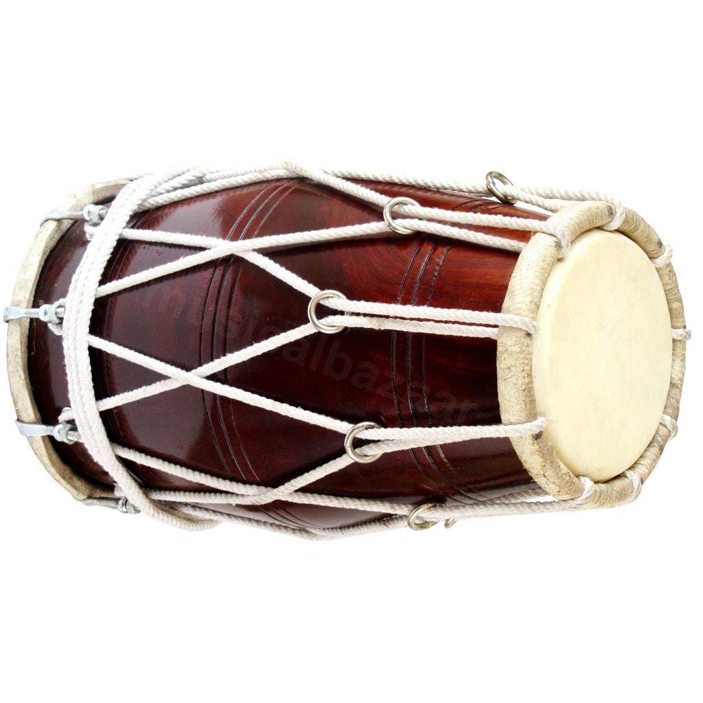 Wooden Professional Dholak, Brown Color - Nickel Plated Bolts & Nuts Used Goat Skin | Dholak For Festivals, Wedding, Satsang - Very Easy To Tune, Sheesham Wood Bolt Tuned Dholak