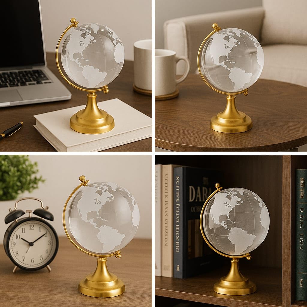Luxury Crystal Globe With Golden Stand, For Desk Or Office Decor, Modern Decorative Glass Globe With Etched Continents (Gold & White) Medium, Pack Of 1