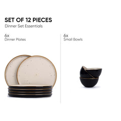 Ceramic Dinner Set Of 12 Pcs, Black Ivory | Crockery Set For Dining Table - Dining Sets Crockery Items | Glossy Finish Premium Stoneware | 6 Dinner Plates + 6 Veg Small Bowls, 180ml Each