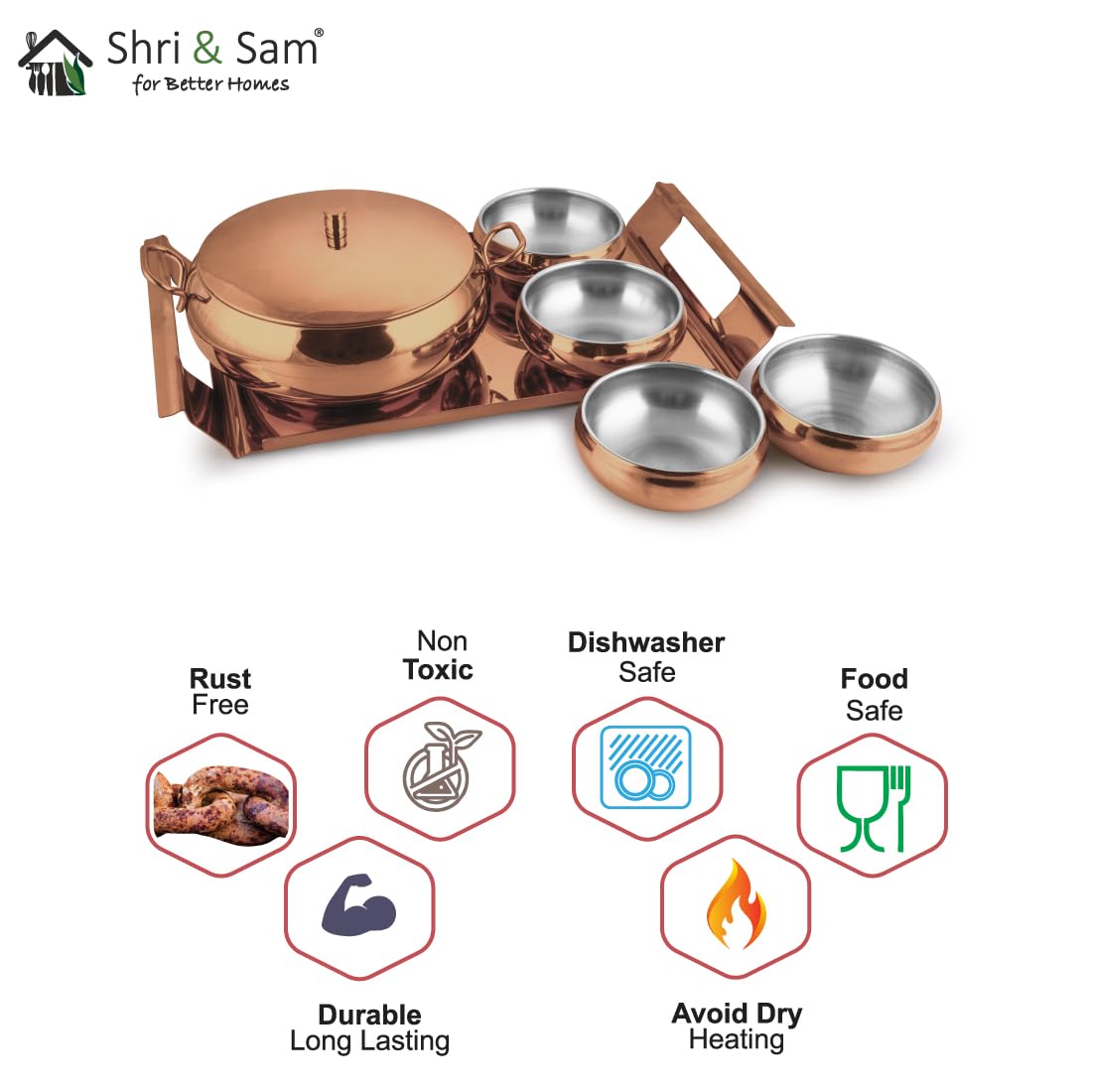 Stainless Steel Farm House Serving Set, Rose Gold | 1 Big Serving Bowl With Lid, 1000ml + 4 Small Bowls+ 1 Tray
