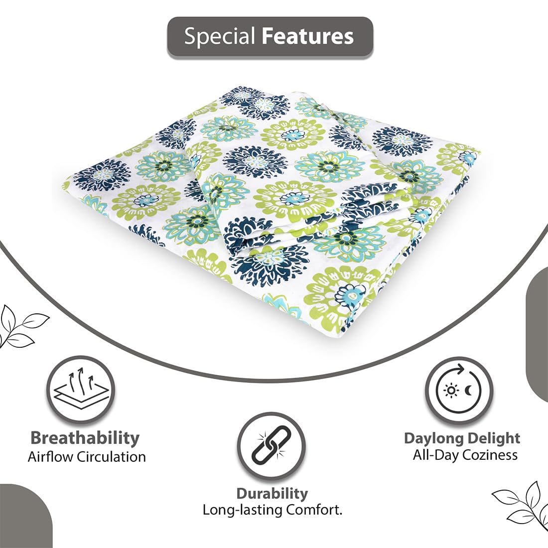 100% Cotton Single Bedsheet With 1 Matching Pillow Covers - 57 X 87 Inches, Green & Blue | All Weather Comfort & Bedroom - Softness & Natural Breathability