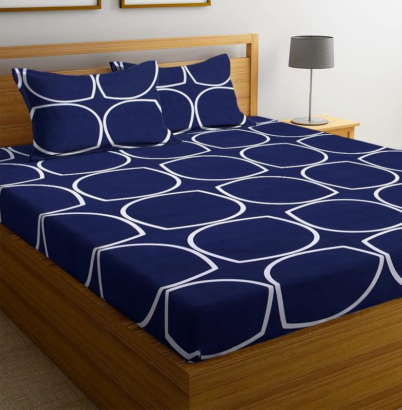 Premium Cotton Elastic Fitted Bedsheets With 2 King Size Pillow Covers - 72 X 78 + 10 Inches, Blue & White | Super Soft Brushed Glace | Breathable & Wrinkle Free