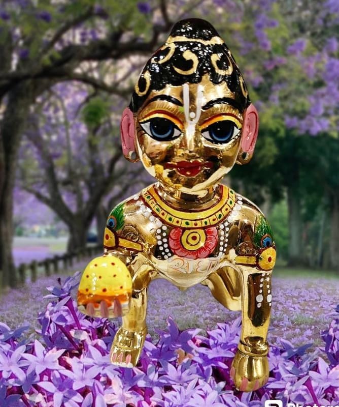 Laddu Bal Gopal Idol, Hand Painted Metal Statue, Occasions, Gold, Size - No.10, Decorative Baby Krishna Idol, Traditional Indian Religious Laddu Gopal Ji
